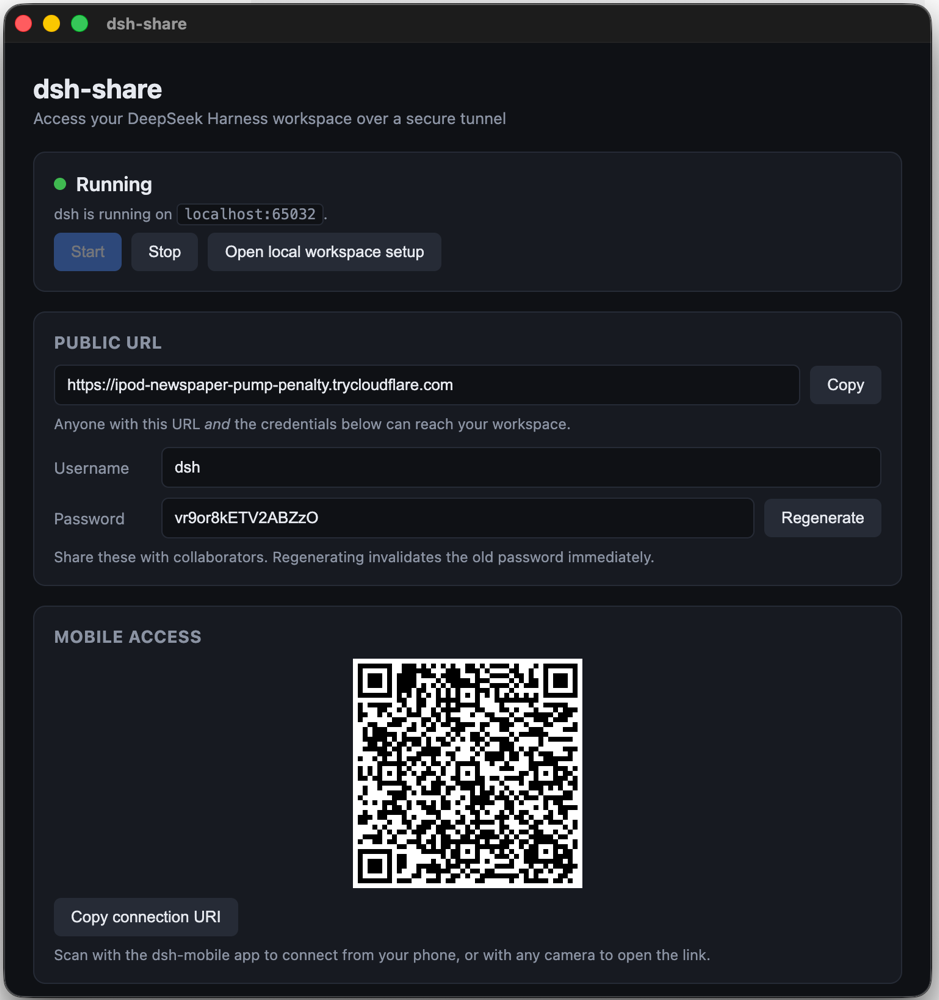 dsh-share control window showing Running status, the public URL, credentials, and a QR code